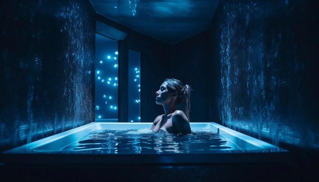 Woman standing in a private indoor spa pool illuminated by blue lighting and reflective water walls
